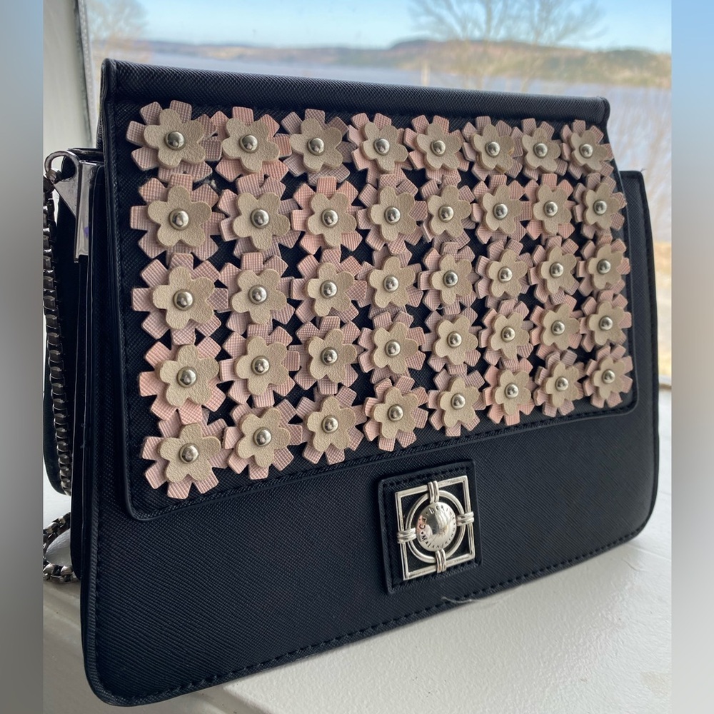 3/$15 Catherine Malandrino Anabelle Shoulder Bag Floral - black w pink rosettes
